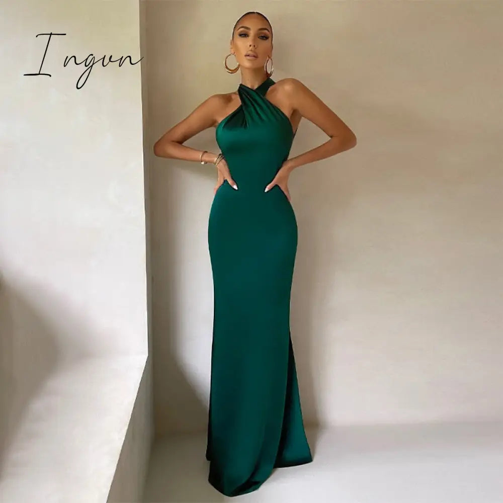 Ingvn - Sexy Satin Sleeveless Backless Elegant Party Maxi Dresses Women Summer Off Shoulder Bodycon Black Long Dress Formal Female