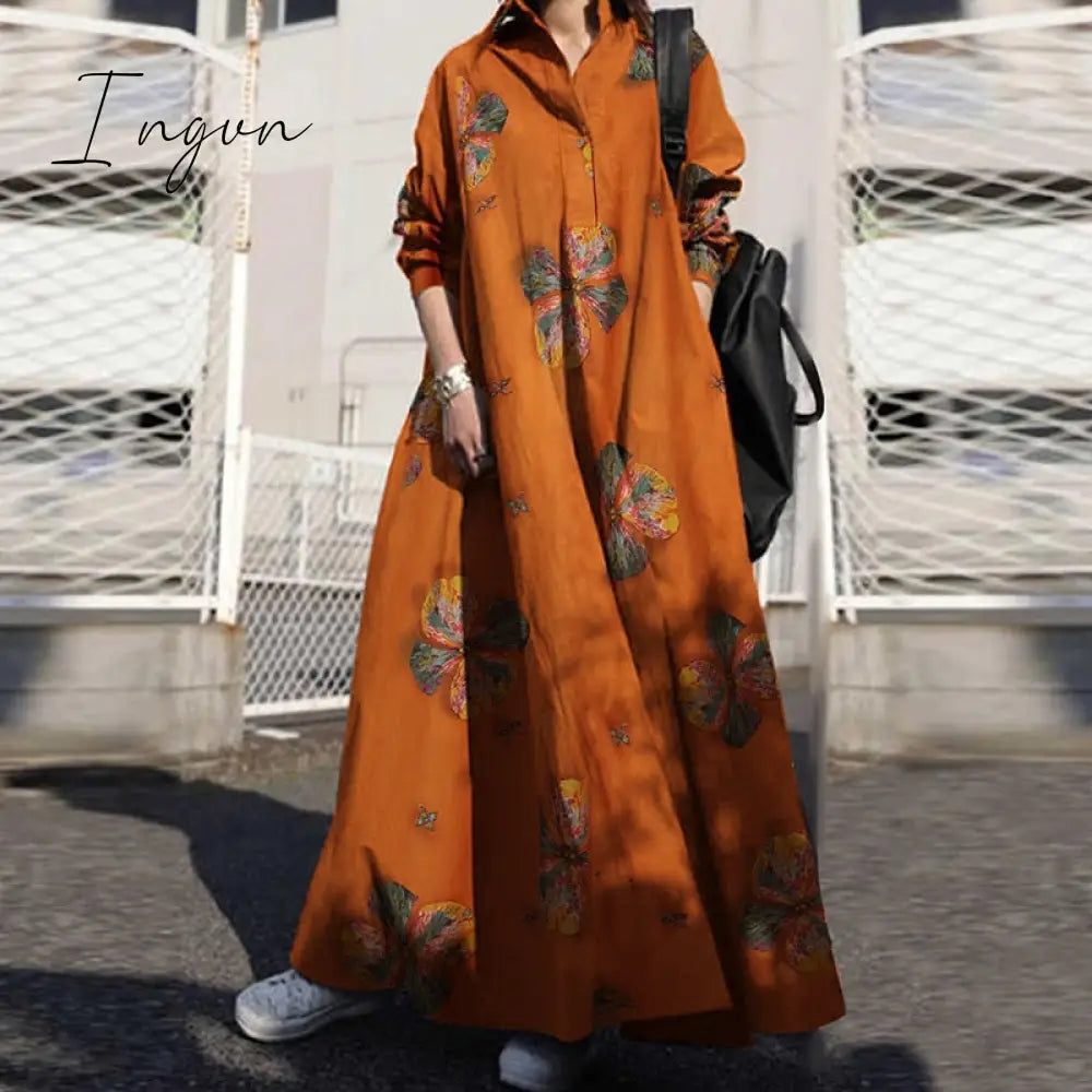 Ingvn - Summer Stylish Women Vintage Long Sleeve Loose Sundress Casual Long Maxi Dress Kaftan Femme Solid Party Vestido Robe