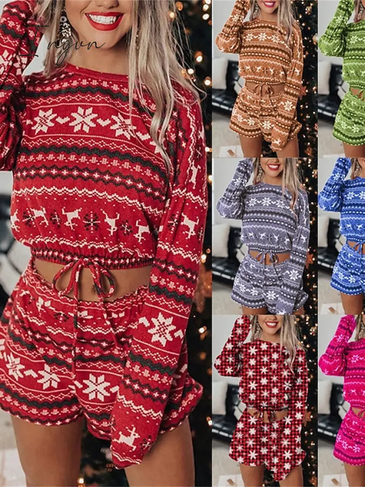 Ingvn - Women's Loungewear Sets Stripe Snowflake Casual Comfort Home Christmas Daily Polyester Breathable Crew Neck Long Sleeve Shorts Spring Fall Wine Red