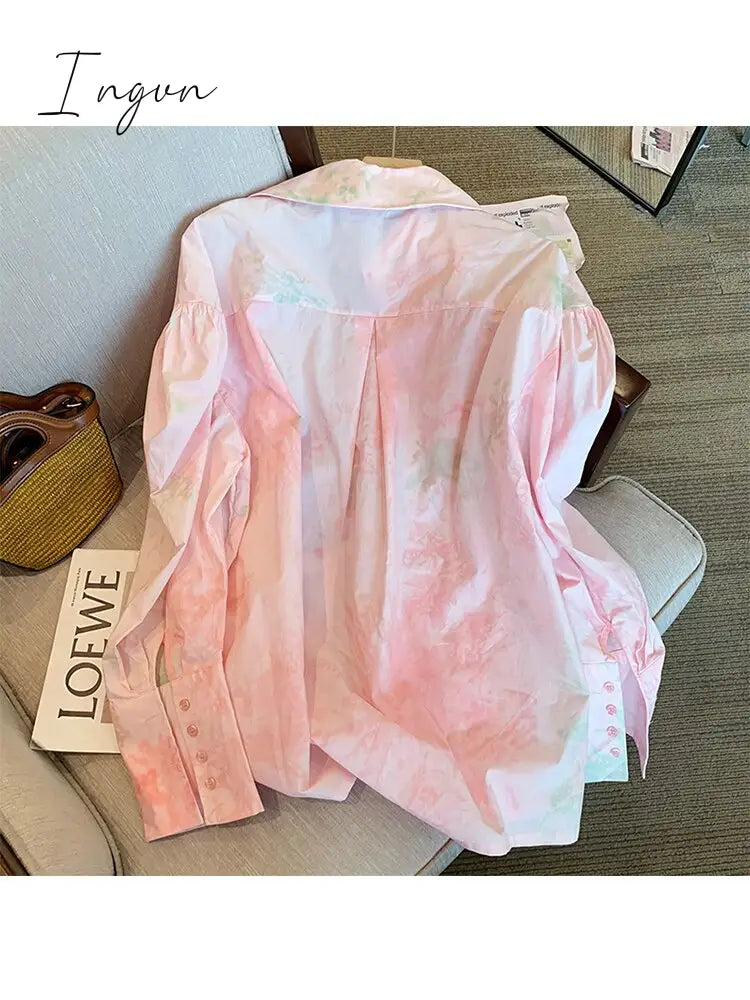Ingvn - Korean Fashion Tie Dye Loose Long Sleeve Single Breasted Shirt 2023 Spring Women's Turn-Down Collar Casual Female Blouse