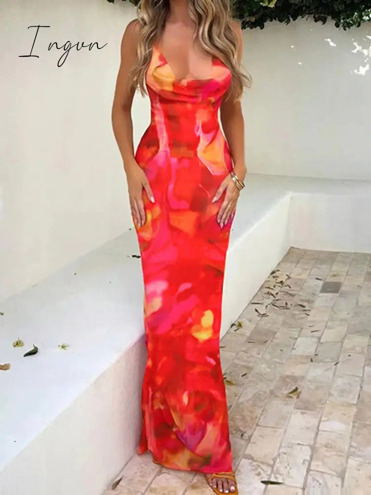 Ingvn - Tie Day Print Backless Maxi Dress Women Gown Cut Out Halter Sleeveless Backless Bodycon Sexy Club Long Dress Vestidos