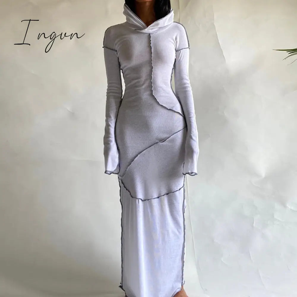 Ingvn - Long Sleeve Hooded Patchwork Skinny Maxi Dress Autumn Winter Women Fashion Streetwear Casual Outfits