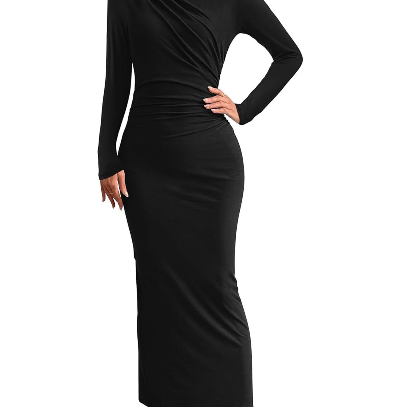 S-2XL Fashion Autumn Women's Slim Fit Long Dress, Long Sleeved Slit Pleated Dress, Elegant Party Wedding Dress