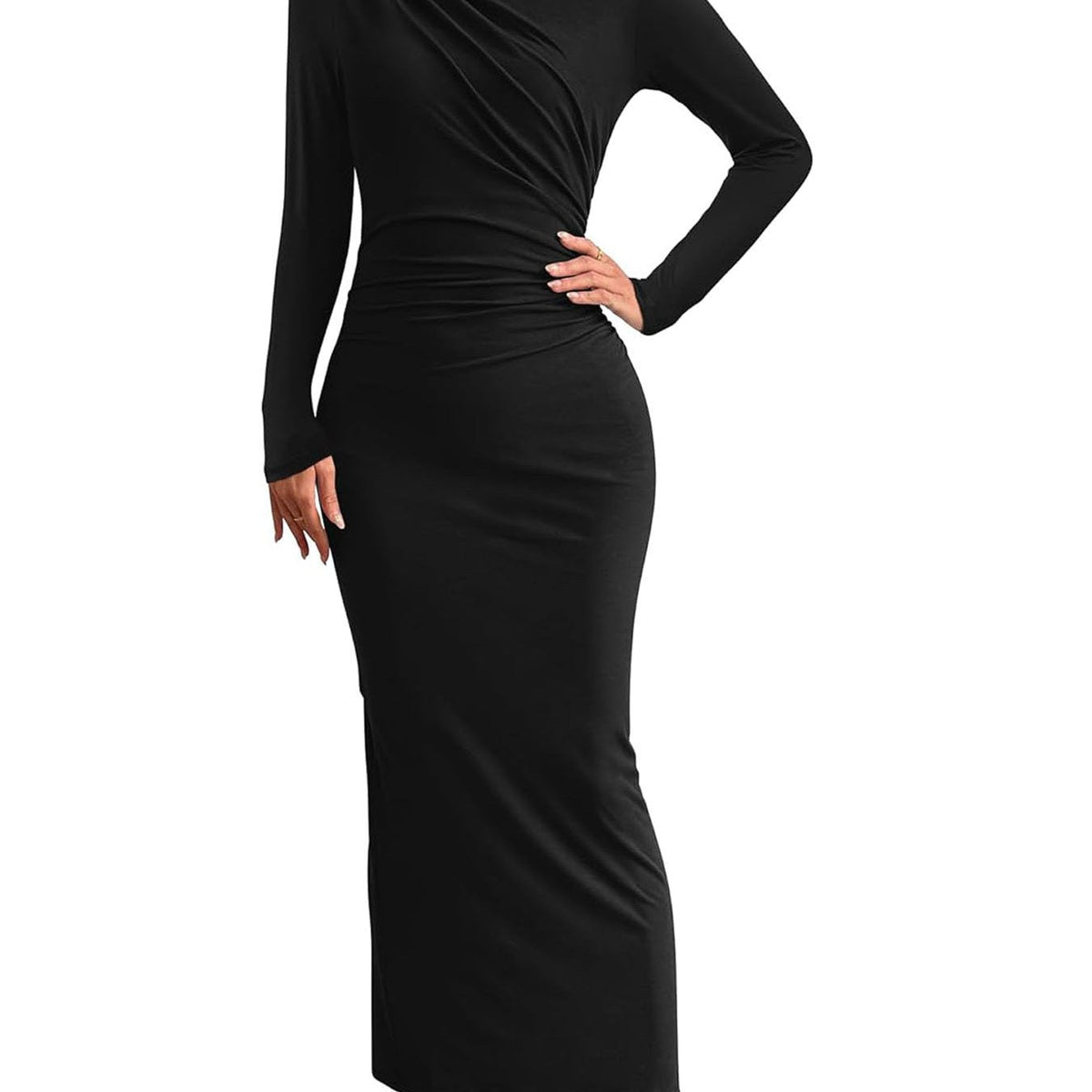 S-2XL Fashion Autumn Women's Slim Fit Long Dress, Long Sleeved Slit Pleated Dress, Elegant Party Wedding Dress