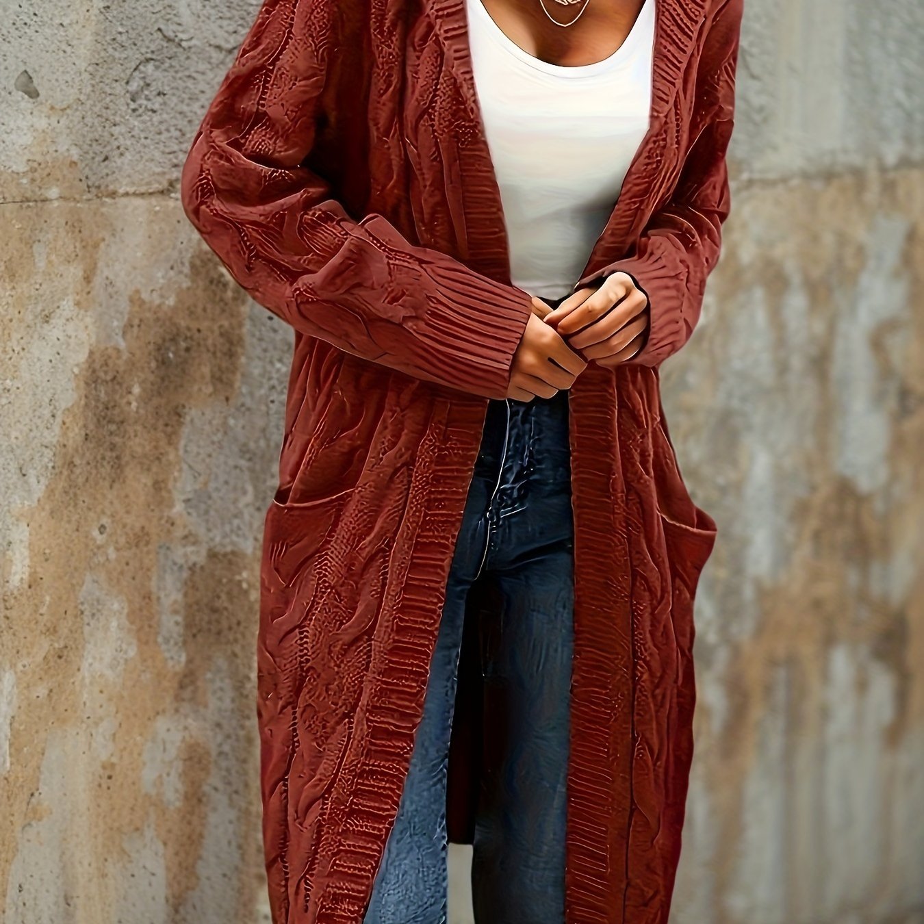Cozy Micro-Elastic Plus Size Women's Long Sleeve Open Front Hooded Cardigan with Pockets for Casual Daily Wear - Solid Cable