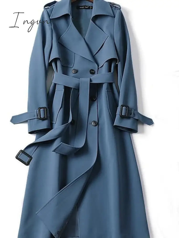 Ingvn - Women's Trench Coat Long Solid Color  Patchwork Coat Black Blue Camel Beige Daily Fall Single Breasted Regular Fit S M L XL XXL 3XL