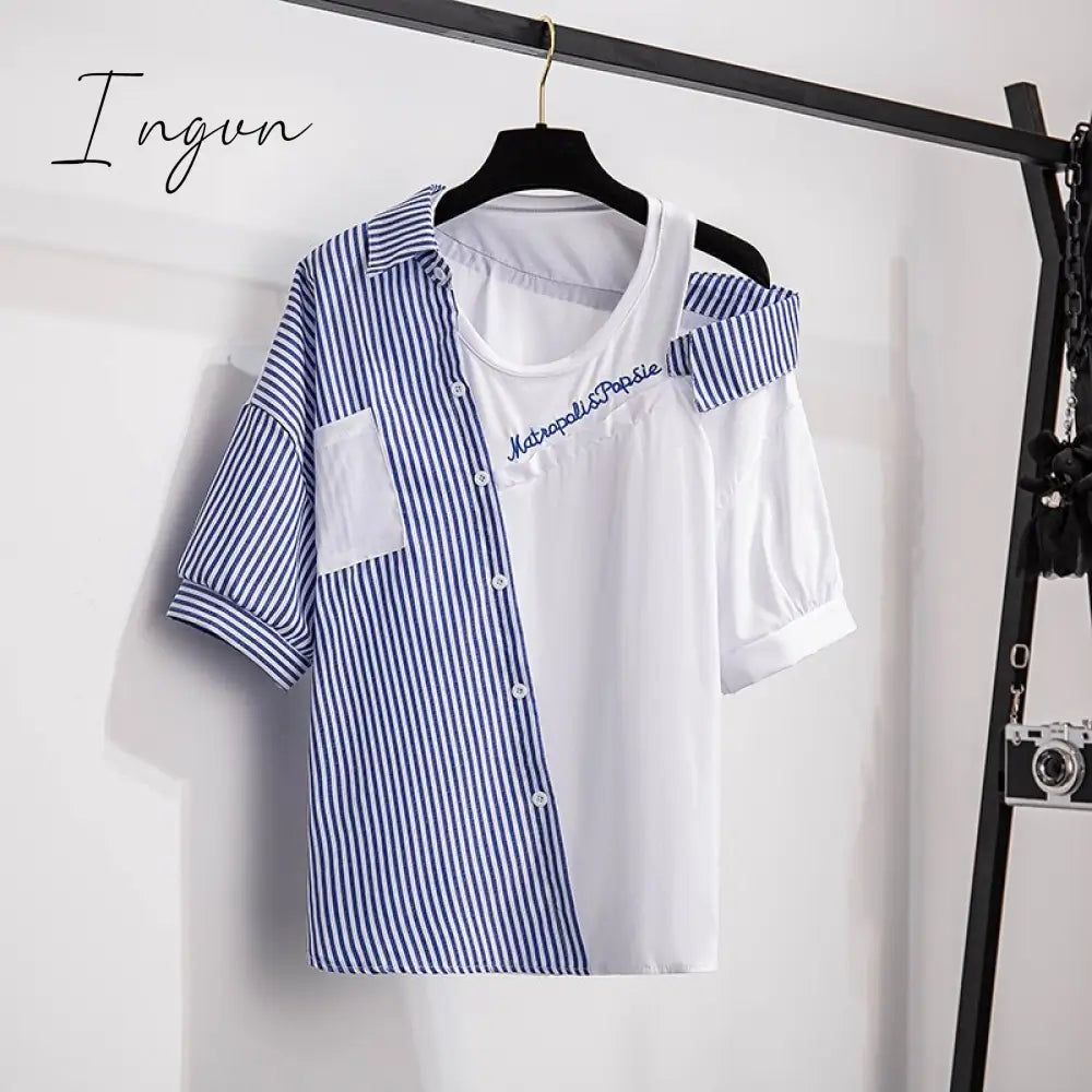 Ingvn - 2 pieces shorts sets summer Sweet Korean off shoulder striped patchwork tops and shorts 2 pieces sets women two pieces outfits