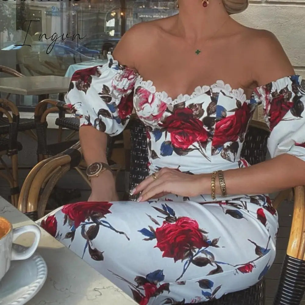 Ingvn - Women Short Sleeve Floral Print Lace Trim Midi Dress Bodycon Sexy Party Dress