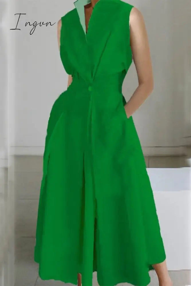 Ingvn - Casual Simplicity Solid Pocket Fold V Neck Shirt Dresses