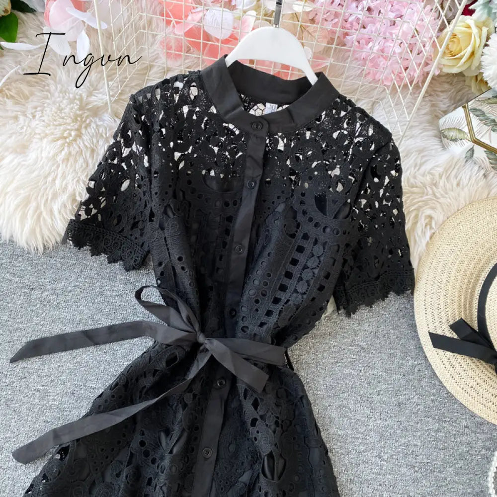 Ingvn - Women Elegant Hollow Out Lace Dress Office Lady Summer Solid O-Neck Button up Sashes Midi Dress Female Chic Short Sleeve Dress