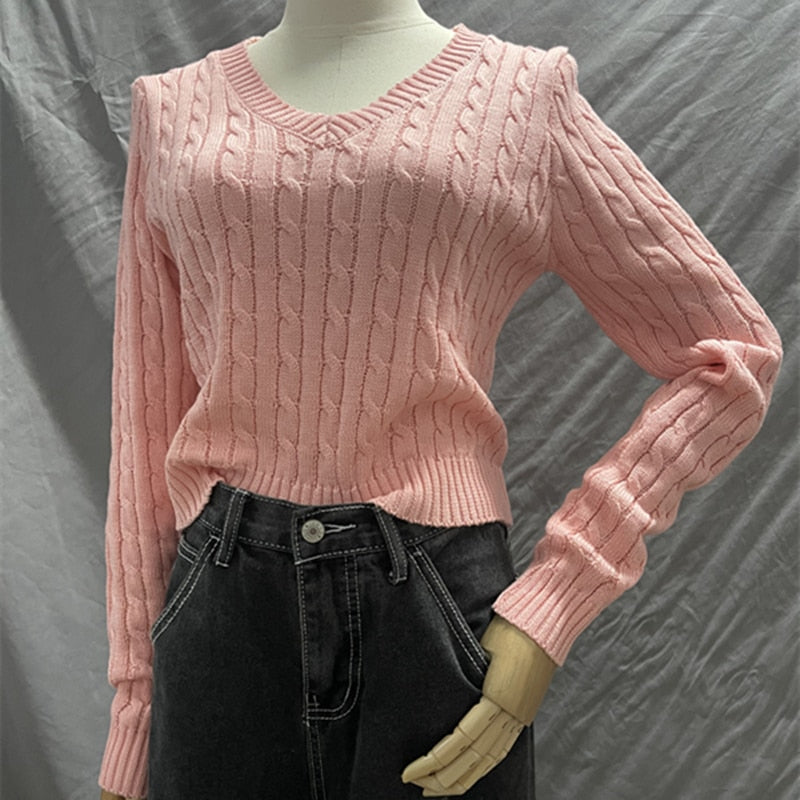 Brandy Mandy Sweaters Women White Knit Sweater Autumn Winter V Neck Long Sleev Knitted Sweater Navy Pullover Brandy Girl Sweater