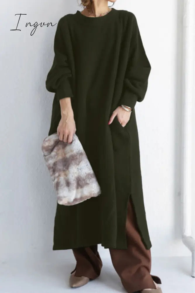Ingvn - Casual Solid Slit O Neck Long Dress Dresses