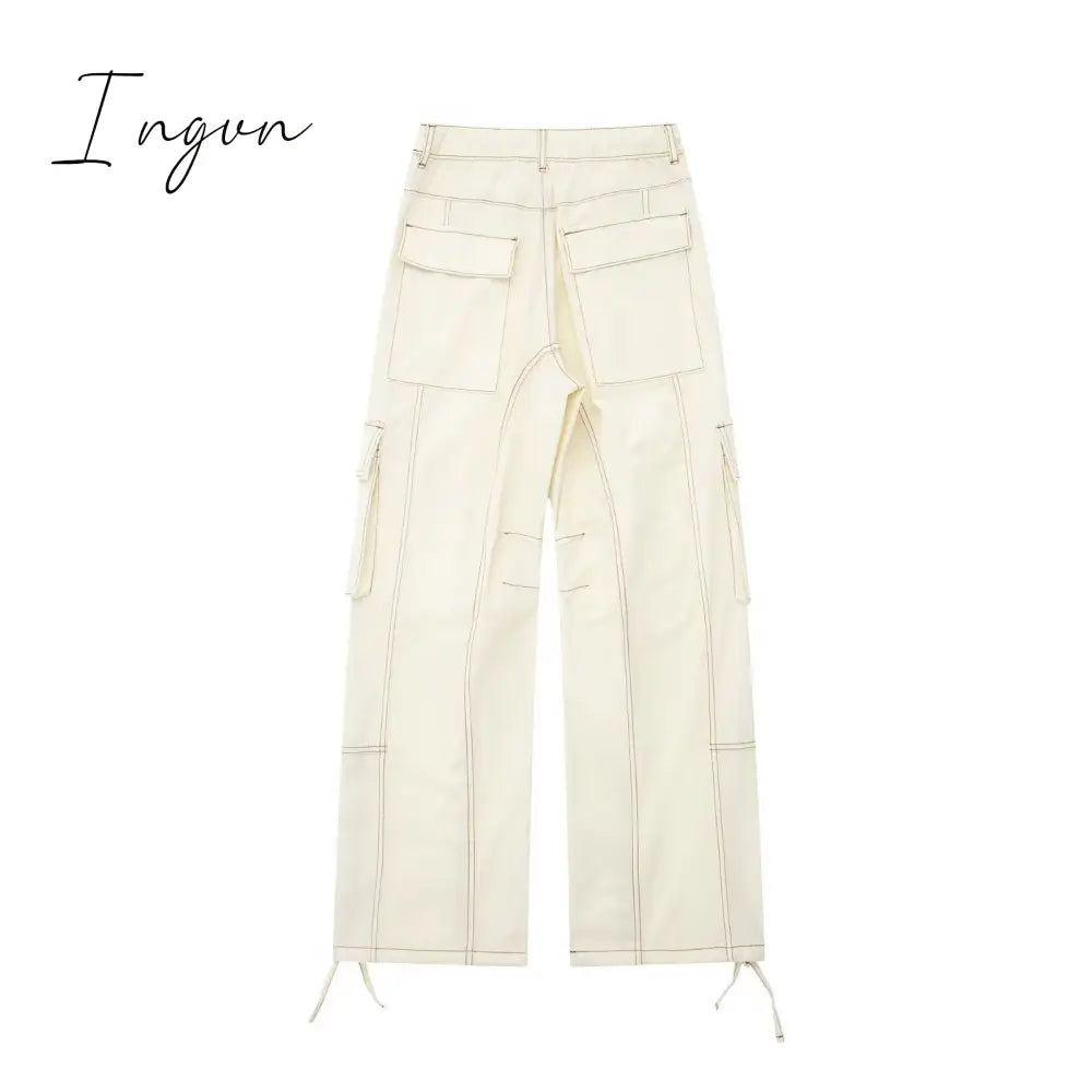 Ingvn - 2023 Cargo Pants for Women Beige Wide Leg Pants Women Summer High Waist Woman Trousers Holiday Casual Baggy Pants Woman