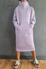 Ingvn - Casual Solid Pocket Turtleneck Long Sleeve Dresses
