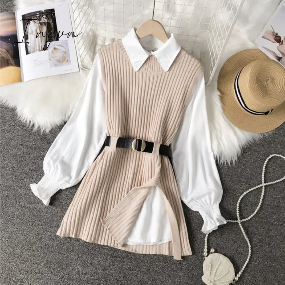 Ingvn - spring autumn women's lantern sleeve shirt knitted vest two piece sets of College style waistband vest two sets top UK900