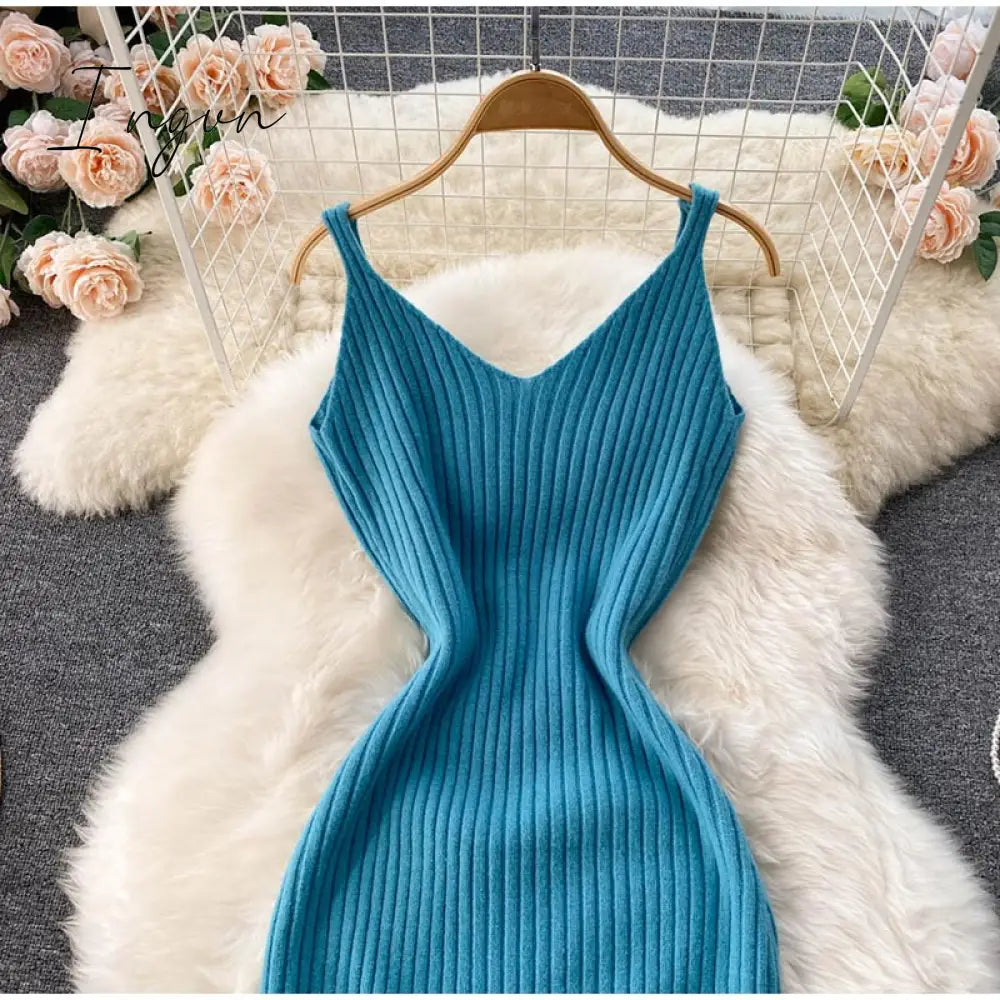 Ingvn - Women Elegant Slim Two Piece Sets Female Sweater Dress Autumn Winter High Waist Knitted Ensemble Femme Medium Long Party Dresses