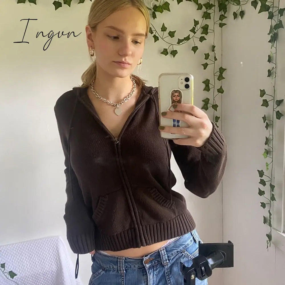 Ingvn - Women’s Full Zip Knit Hoodies Casual Sweaters Solid Color Long Sleeve Drawstring Sweatshirts Cardigan Zip-up Y2K Clothing