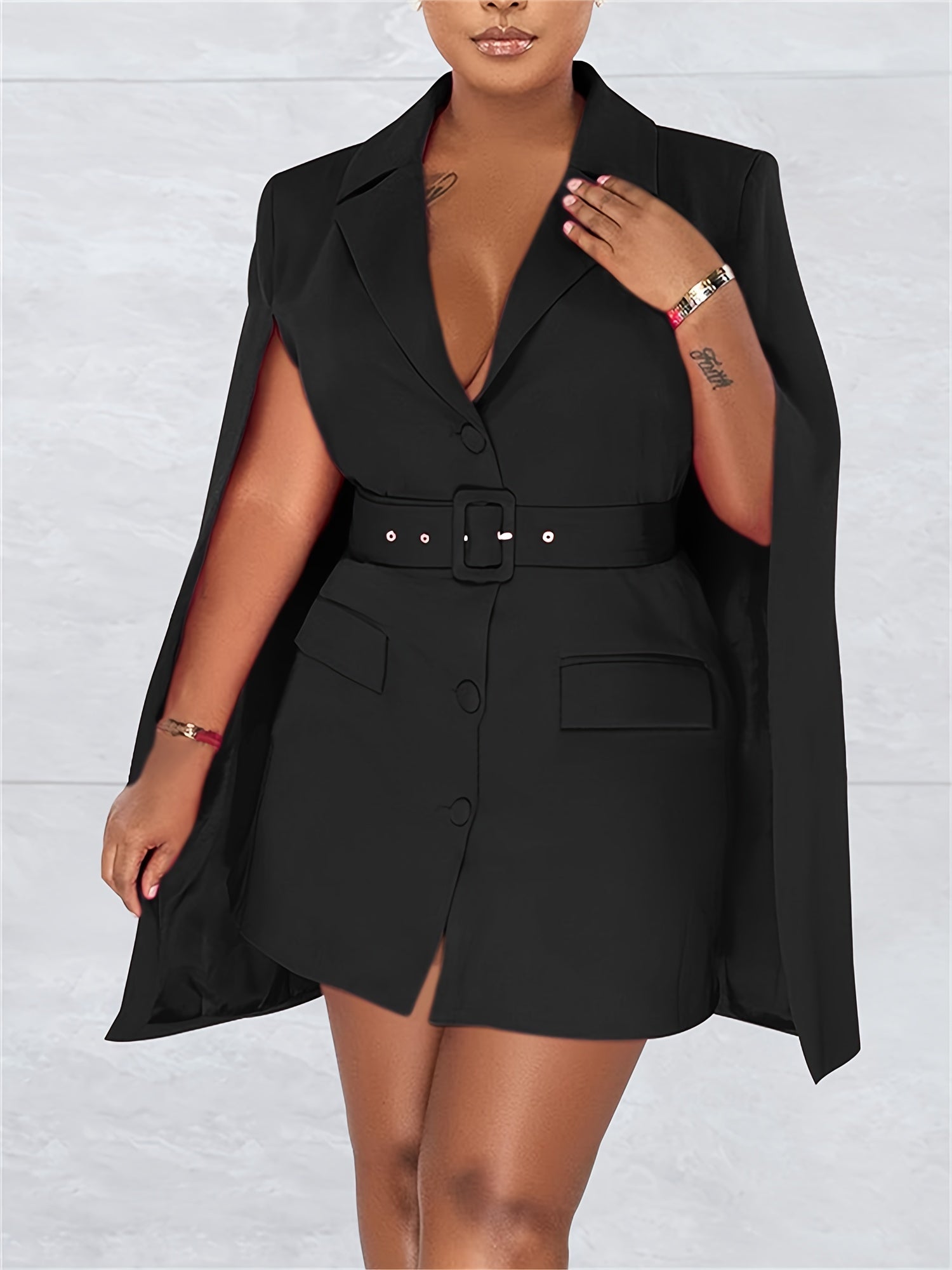 Cape Sleeves Lapel Collar Mini Dress With Belt And Button Front For Fall Winter 2024, Elegant Style, Prefect For Semi Formal Occasion, Wedding Guest And Church