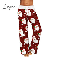 Ingvn - Womens Christmas Pants Cartoon Santa Claus Print Pants Wide Leg Pants Pull Rope Elastic Drawstrings Sweatpants Straight Trousers