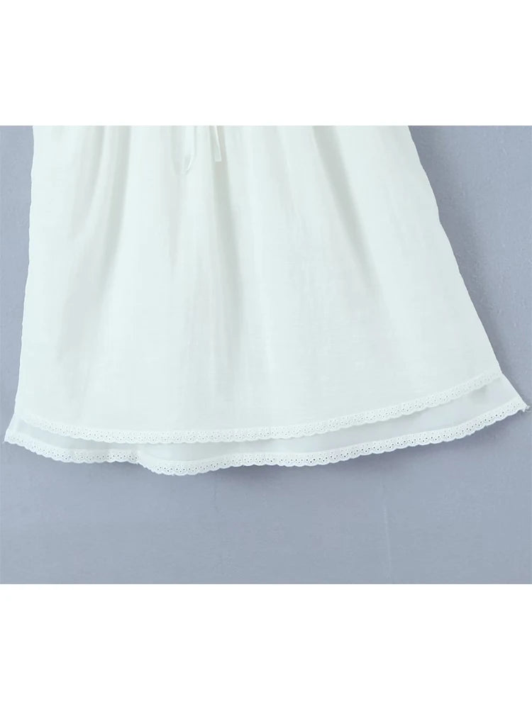 Summer Women Embroidery Spliced Bow White Sling Dress Sexy Sleeveless Back Lacing Up Ladies Holiday Party Mini Robe