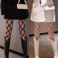 Ingvn - Women Hollow Out Sexy Pantyhose Black White Mesh Tights Stockings Ladies Long Fishnet Stockings Stocking Party Club Hosiery