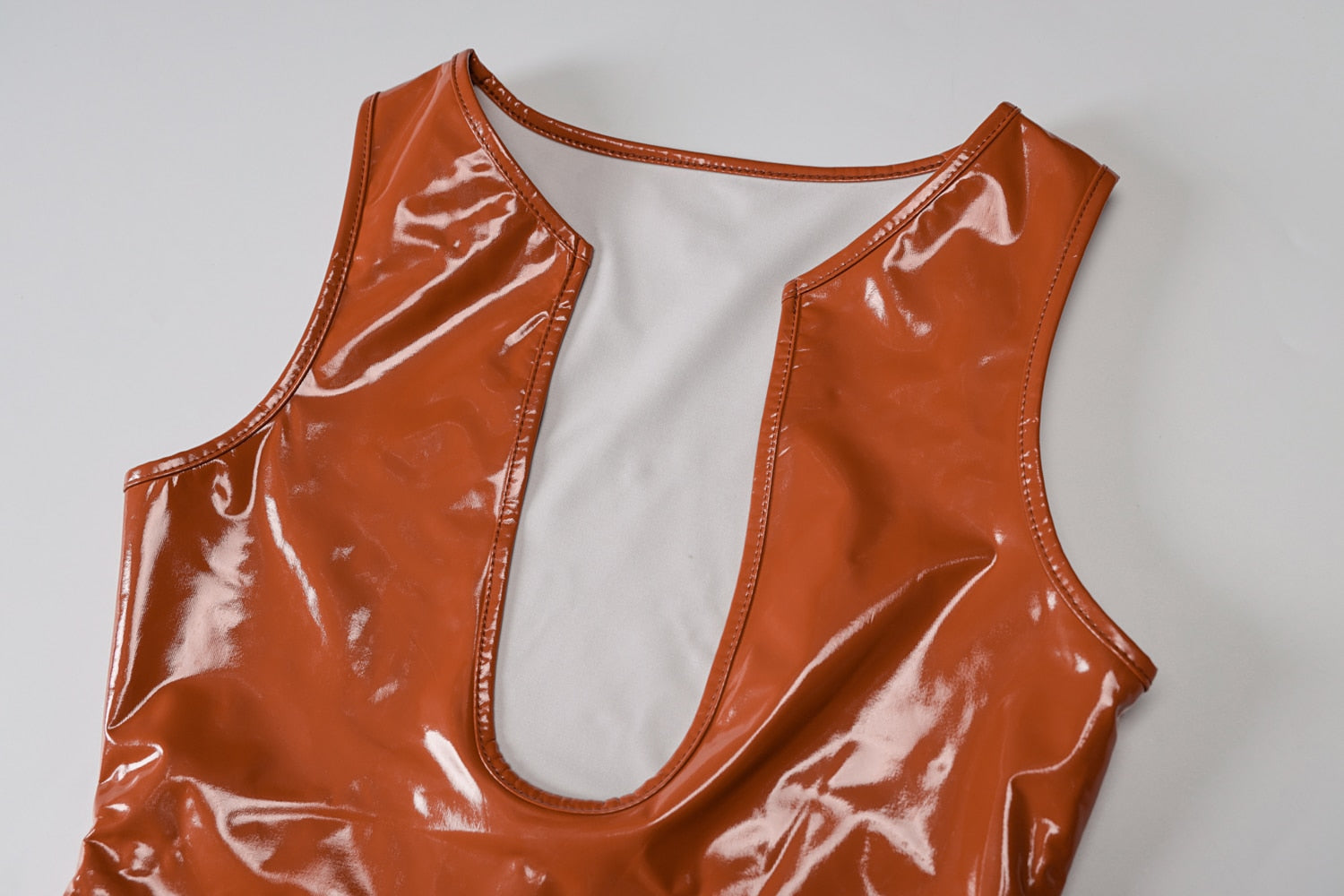 Sleeveless Solid Deep V-Neck Pu Leather Zip Up Mini Dress Autumn Winter Women Fashion Sexy Party Club Clothings