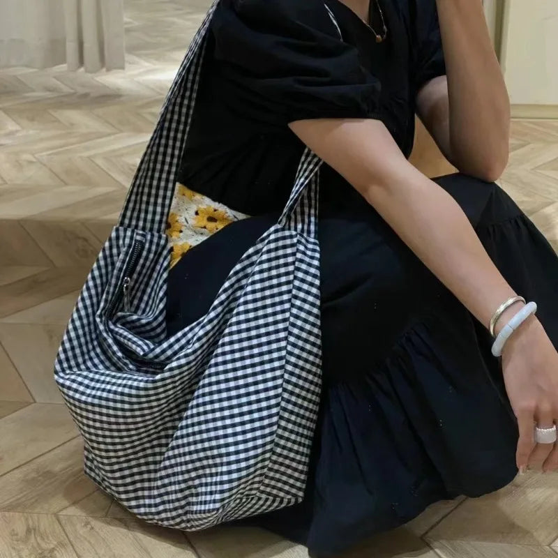 Ingvn  Oversized Checkered Canvas Bag Shoulder Bags for Women Canvas Large Capacity Shopping Totes 2024 New Luxury Handbags