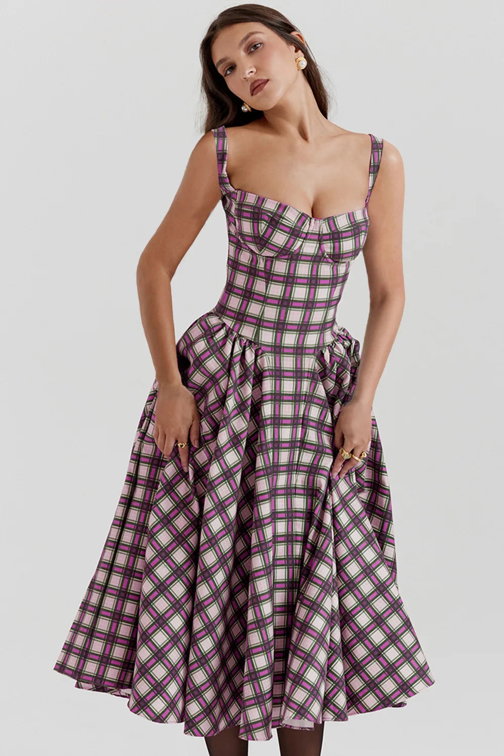 Palace Style Plaid Print A-line Dress Women Spaghetti Strap Spring Summer Dress Elegant Midi Long Party Dresses