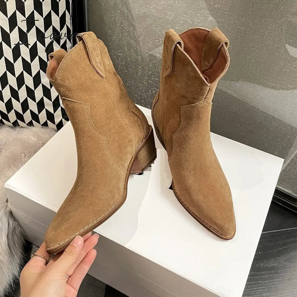 Ingvn - Winter Classic Chelsea Boots for Woman Cow Suede Pointy toe Wedge Heel Ankle Boots Simple Comfortable Cowboy Boots Female