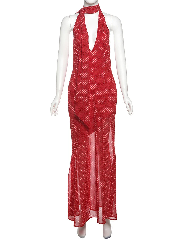 Fashion Polka Dot Print Maxi Dress Women Scarf+Halter Low-Neck Bandage Backless Robe Vacation Trend Elegant Vestidos