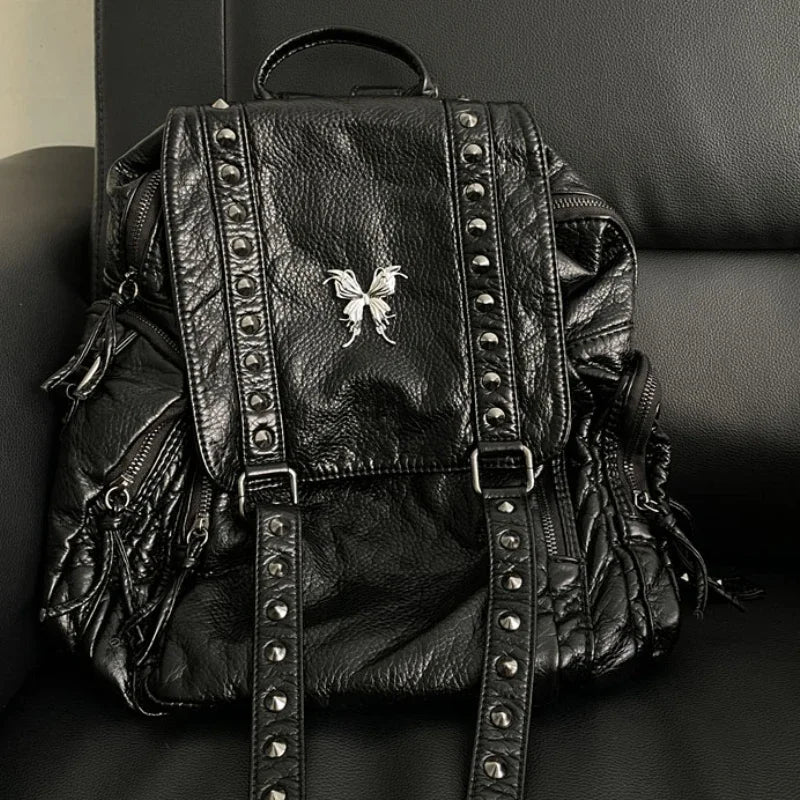 Ingvn  Y2k Black Womens Backpack Vintage Fashion Gothic Soft Pu Leather School Backpack Large Capacity Men Casual Original Bag Sac