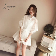 Ingvn - Summer Outfits Summer Two-piece Set Mini Dress Women Korean Short Sleeve Stand Organza Belt Single-breasted T-shirt Dresses + Cotton Base Shirt