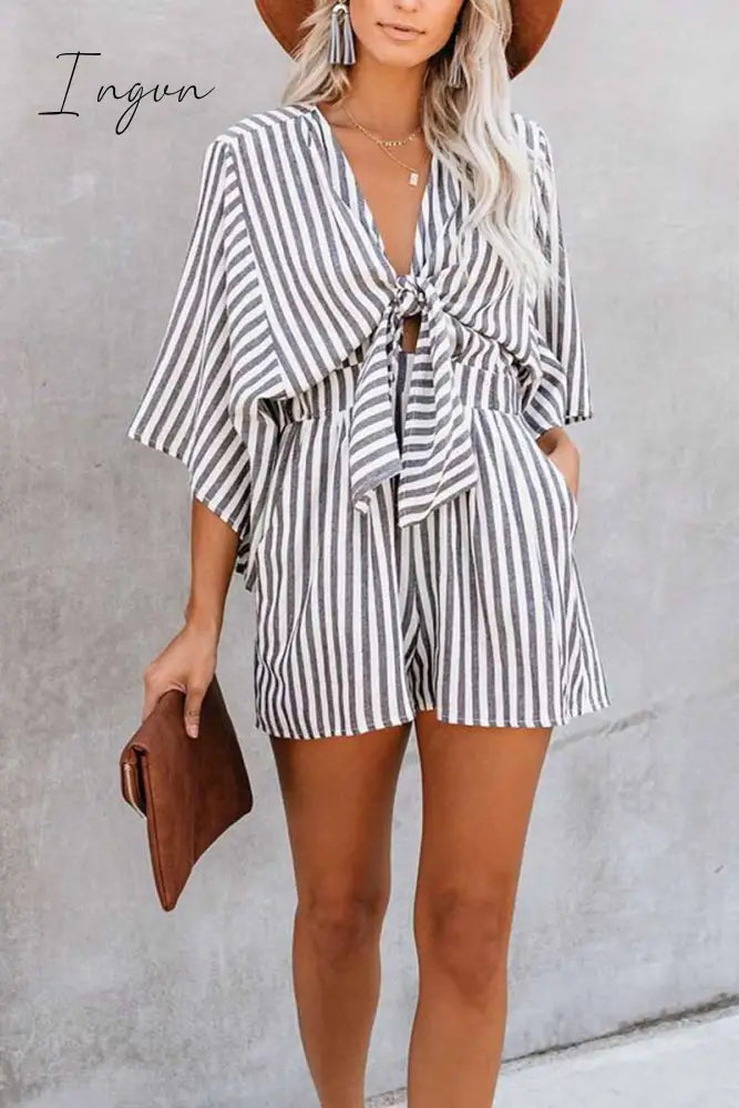 Ingvn - Striped Short Sleeve Loose Jumpsuit