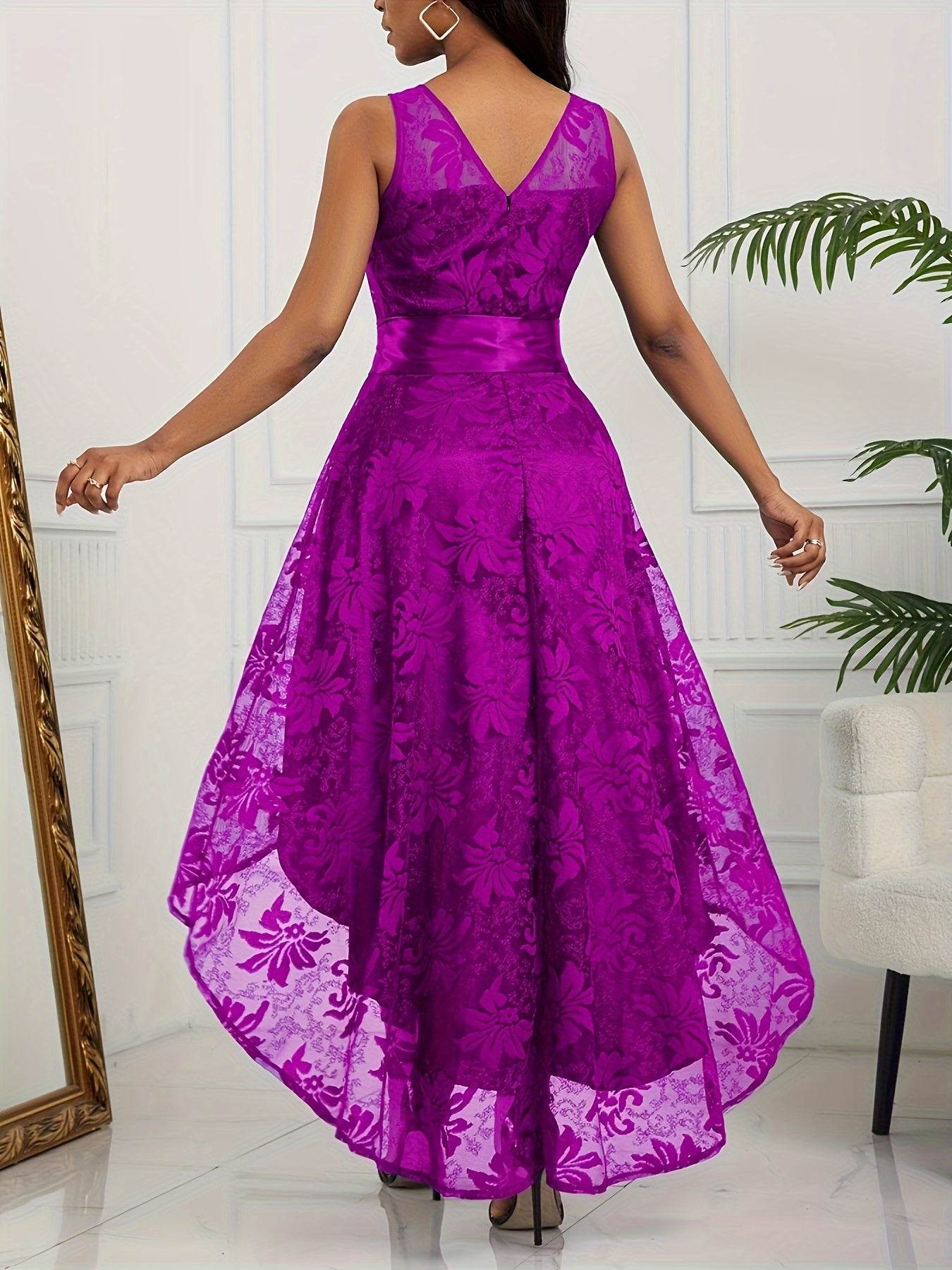 Lace High Low Hem A-line Dress, Elegant Sleeveless Tie Waist Dress For Party & Banquet, Women's Clothing For Party Dressing
