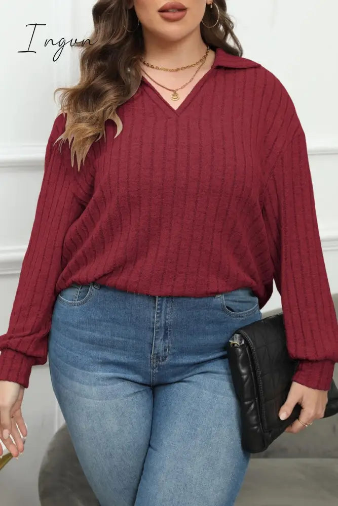 Ingvn - Casual Solid Basic V Neck Plus Size Tops