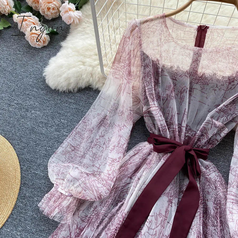 Ingvn - Elegant Women Mesh Dress Vintage Lantern Sleeves Printed Party Dresses Spring Summer Patchwork A Line Bandage Beach Dress
