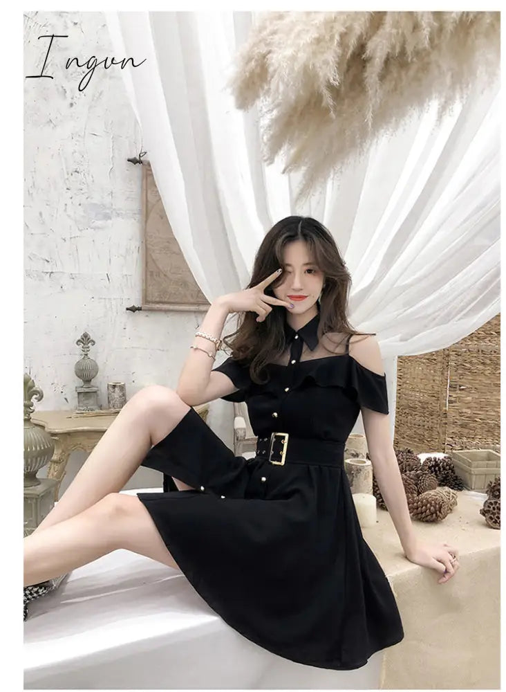 Ingvn - Korean OL New Single Breasted Women Summer Dress Sweet Chic Black office work Short mini Dresses With Belt Vestidos jurken