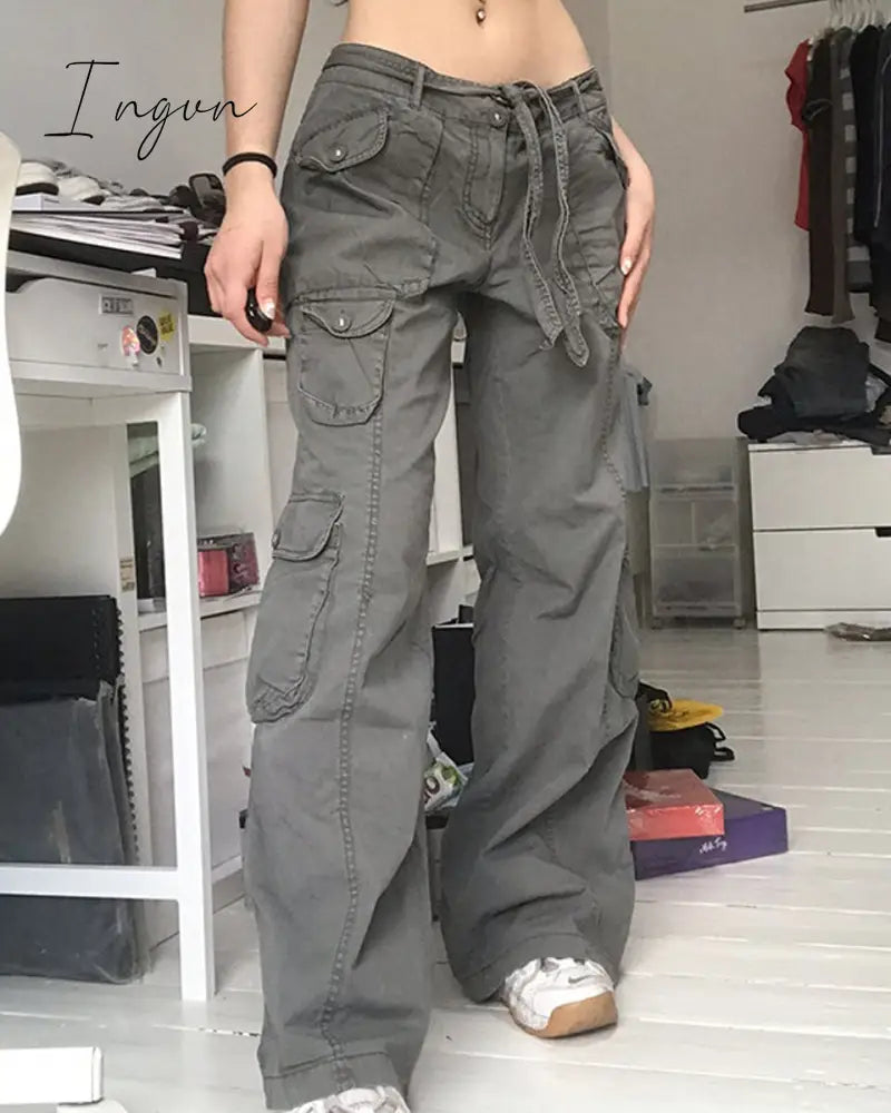 Ingvn - Fashion Women's Jeans Y2K High Street Waist Denim Trousers Drawstring Waist Flap Pocket  Baggy Jeans Loose Women's Classic Pants