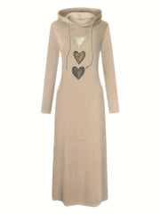 Chic Heart Print Drawstring Hooded Maxi Dress - Women's Casual Long Sleeve Fall & Winter Clothing - Soft, Cozy, and Versatile Fashion for Everyday Wear