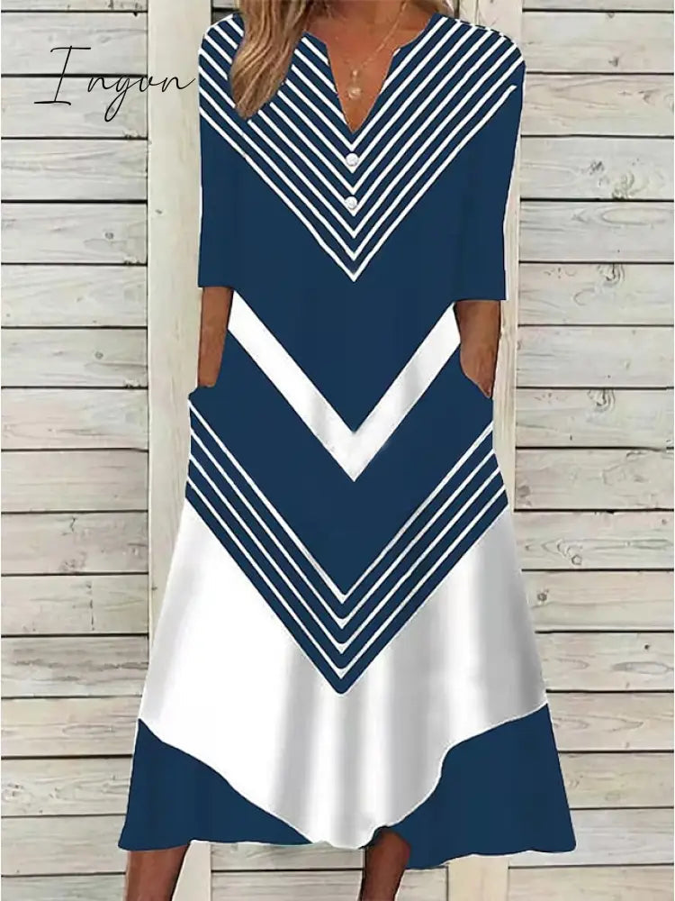 Ingvn - Women's Casual Dress Shift Dress Midi Dress Black and white stripes Green Dark Blue Half Sleeve Color Block Button Summer Spring V Neck Basic Vacation 2023 S M L XL XXL 3XL