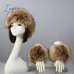 Ingvn - New Autumn Winter Caps Female Hats Cuffs Set Fashion Warmth Imitation Quality Design Faux Fur Hat Fox Fur Sleeves Suit Accessary