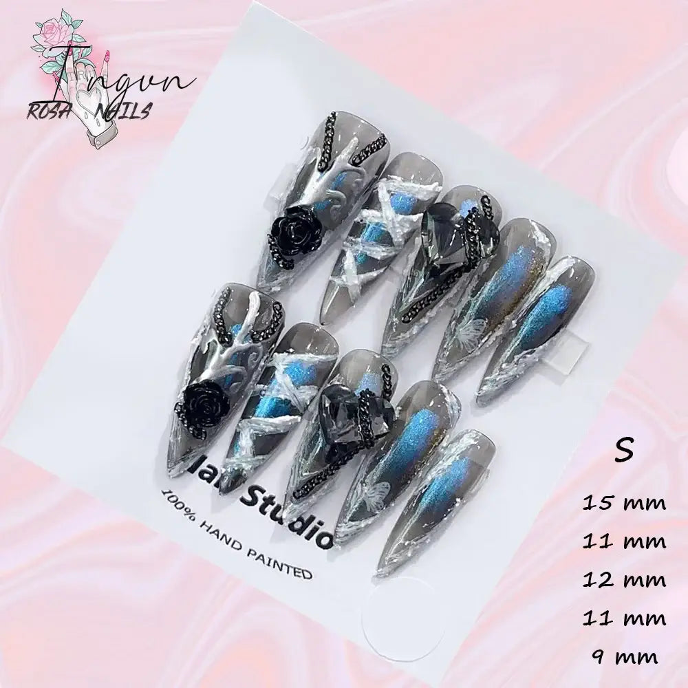Punk Dragon Charms Press on Nail Artificial Long False Nails XS Black Dragons Goth Presson Tips Butterfly Fake Nail y2k Pressons