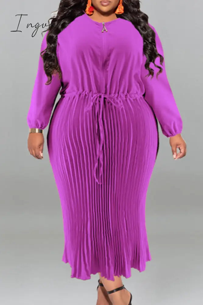 Ingvn - Gold Casual Street Solid Patchwork Draw String Zipper Pleated O Neck Long Sleeve Plus Size Dresses