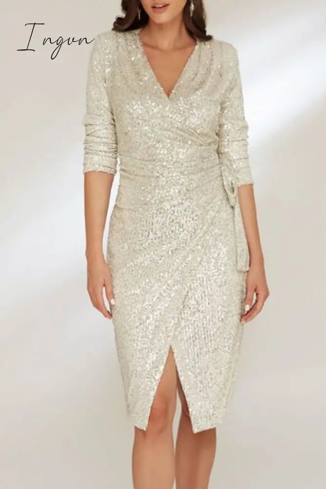 Ingvn - Sexy Solid Bandage Sequins V Neck Wrapped Skirt Dresses