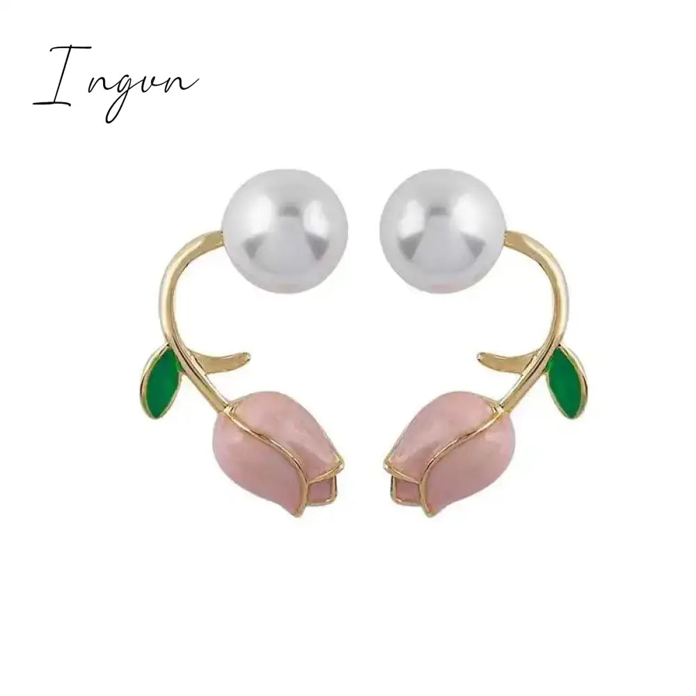 French Light Luxury Pink Tulip Flower Pearl Stud Earrings For Women Korean Zircon Exquisite Earring Party Christmas Jewelry Gift