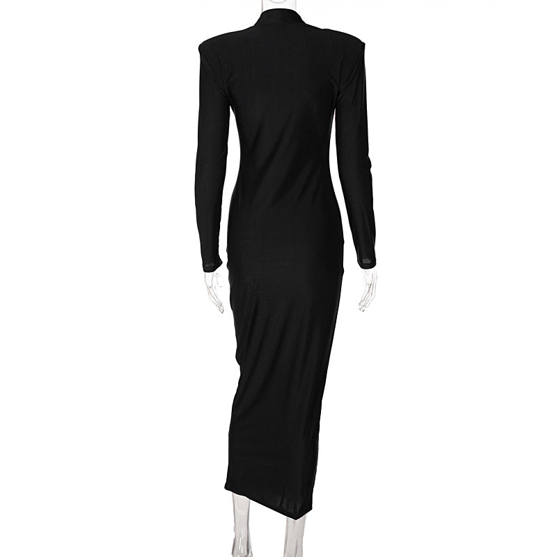 Solid Long Sleeve With Shoulder Pads Turtleneck Maxi Dress New Year Women Fashion Streetwear Elegant Skinny