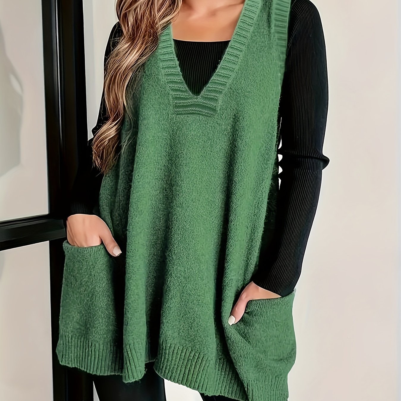 2024 Spring/Fall New Arrival V-Neck Knitted Vest with Pockets, Casual Large Size Pullover Cardigan, Solid Color, Polyester, No Bra Pad, for Casual Outings