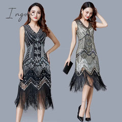 Ingvn - 1920s Vintage Flapper Great Gatsby Party Dress V-Neck Sleeveless Sequin Beaded style Style Tassel Flapper Vestidos Feminina 1920