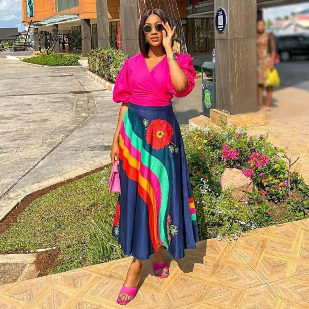 Ingvn - Summer Dresses for Women 2 Piece Outfits Pink Puff Sleeve Wrapped Tops and Midi Printed Swing Skirt Casual Festival Clothing
