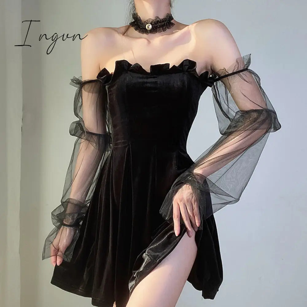 Ingvn - Gothic Sexy Dress Vintage Off Shoulder Lantern Sleeve Mesh Patchwork Velvet Mini Dress Dark Street Black Dress for Female